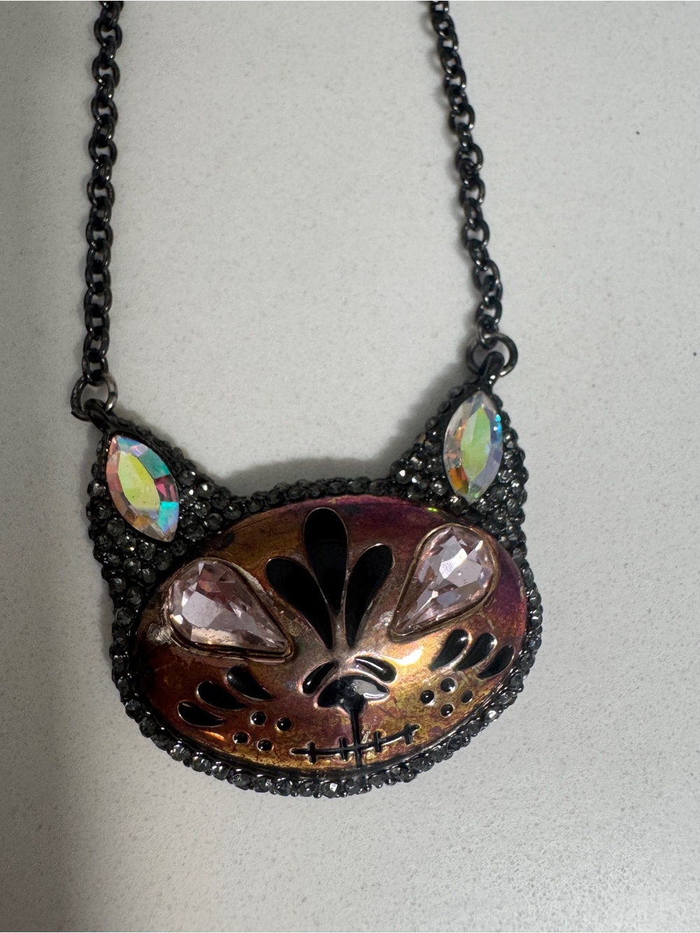 Betsey Johnson Iridescent Cat Face Necklace with Black Chain